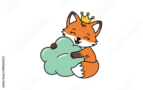 Charming Royal Fox Wearing a Crown Hugging a Soft Green Cloud Character Art