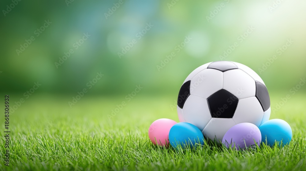 Fototapeta premium Soccer ball resting on vibrant green grass surrounded by colorful pastel eggs, creating a playful and festive atmosphere for spring celebrations and outdoor activities