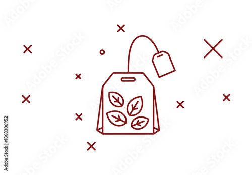 Mint tea bag sketch icon. Sign for a refreshing herbal drink. Mentha leaves emblem. Geometric designs. Random cross elements. Linear mint bag icon illustration. Vector