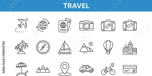 Travel Icons Set Airplane Globe Passport Camera Suitcase Palm Tree Compass Sailboat Mountains Hot Air Balloon Buildings