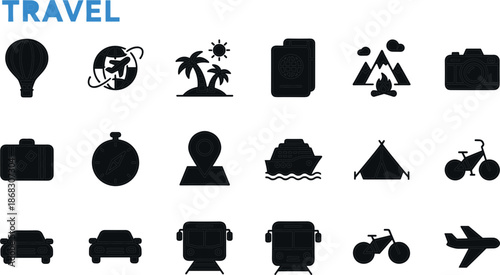 Travel Icons Set Hot Air Balloon Airplane Cruise Ship Tent Bicycle Car Bus flying flight