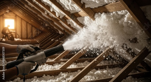 Attic rafters partially covered with fluffy blownin insulation showing stepbystep DIY installation with a handheld blower device.