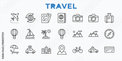 Travel Icons Set Hot Air Balloon Sailboat Palm Tree Mountains Compass Airplane Suitcase flying