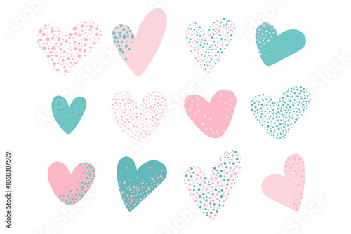 Set of cute hand drawn hearts with dotted texture in soft pastel pink and teal colors. Romantic illustration elements create gentle love mood for cards, prints, stickers, packaging and modern design.