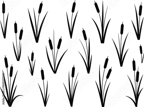 Bulrush and cattail plant silhouette set for swamp, marsh, and wetland nature landscape design