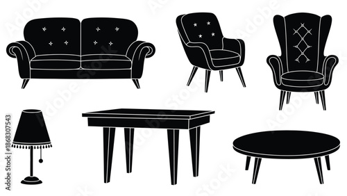 Black silhouette furniture set including sofa chairs table and lamp