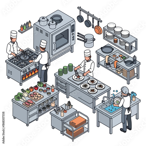 Commercial Kitchen Scene with Chefs Cooking.