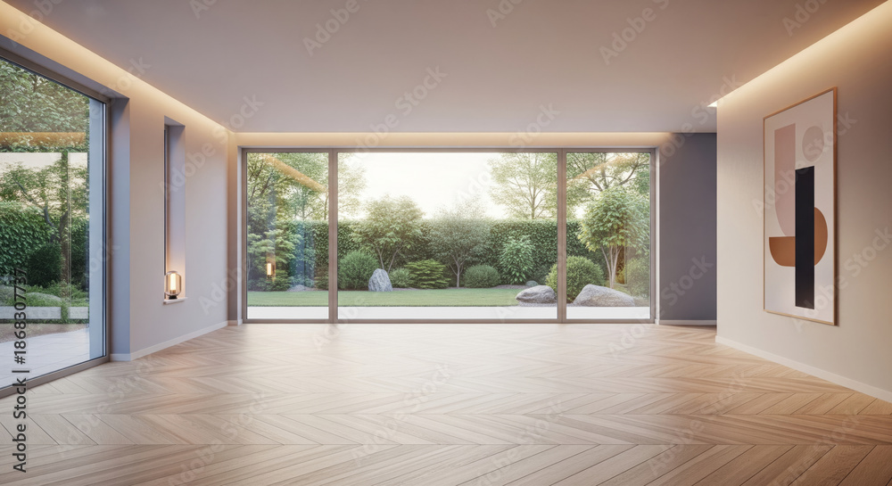 Fototapeta premium Modern minimalist empty living room with large windows and garden view