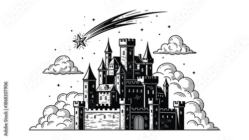 A fairytale castle illustration with a shooting star and fluffy clouds