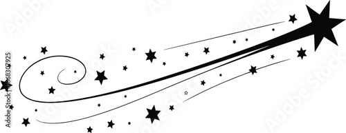 Shooting star silhouette with curved stardust trail and sparkling galaxy elements for celestial sky concept