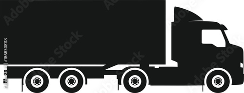 A simple black silhouette of a large semi truck with a box trailer