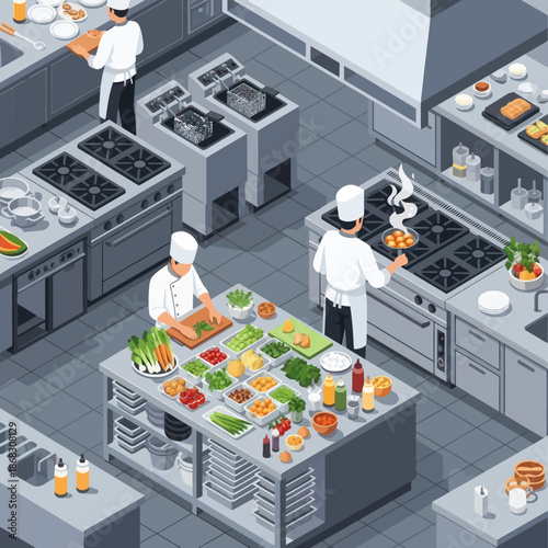 Commercial Kitchen with Chefs Preparing Food.