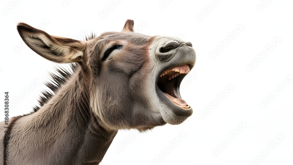 Obraz premium Gray Donkey Braying with Open Mouth and Teeth isolated PNG with Transparent Background