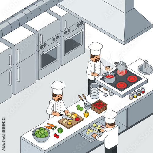 Chefs Preparing Food in Commercial Kitchen.