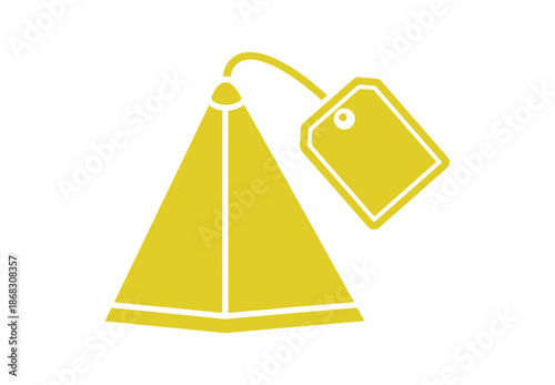 Linear icon. A pyramid-shaped tea bag with a paper tag. Simple color vector isolated on a white background.