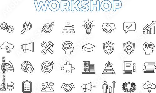 Workshop Icons Set Gears Question Mark Lightbulb Handshake and Building collection
