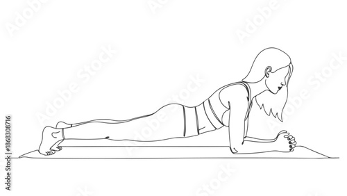 Continuous one line art vector illustration of a woman performing a plank exercise on a yoga mat