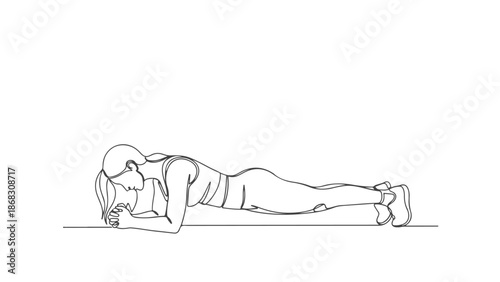 One continuous line art vector illustration of a woman doing a plank exercise, isolated on white, healthy lifestyle