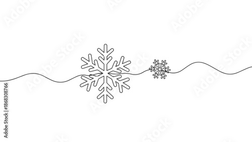 Continuous one line art vector illustration of a large and small snowflake, eps graphic, isolated on white