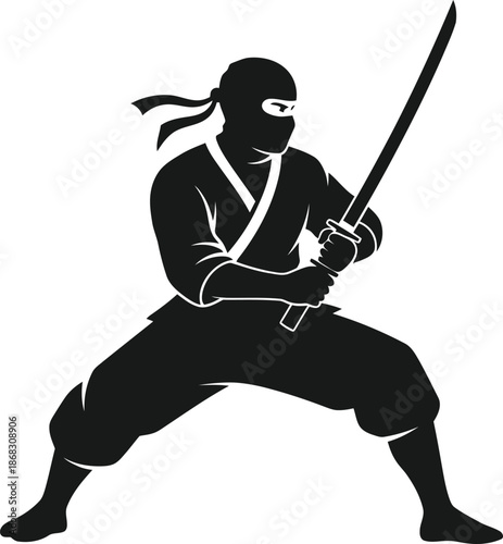 Silhouette of a ninja warrior poised with a traditional katana sword