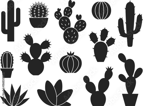 Cactus and succulent silhouette icon set with various desert plant species for southwest nature landscape design