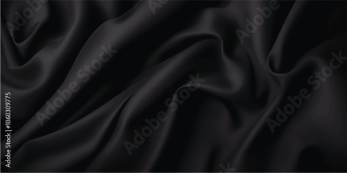 Black satin and silk fabric background with smooth flowing texture and luxurious waves
