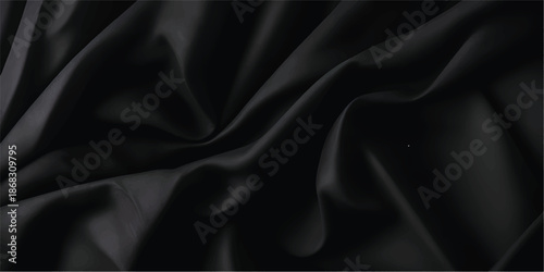 Abstract close-up of flowing, shiny black fabric with smooth curves and folds.
