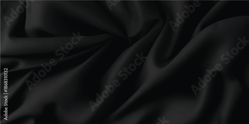 Smooth black satin silk fabric texture background with luxurious shiny folds and flowing decorative waves creating a high end elegant surface for fashion, cosmetic branding and premium visual design