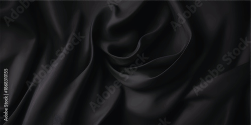 Smooth black satin silk fabric texture background with luxurious shiny folds and flowing decorative waves creating a high end elegant surface for fashion, cosmetic branding and premium visual design