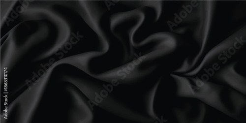 Elegant luxury black satin and silk fabric texture with glossy smooth folds and decorative waves forming a stylish premium background for fashion branding, wedding decor and creative design