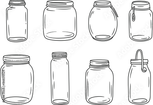 Empty glass mason jar vector set with various hand drawn doodle shapes and lids for kitchen storage and canning concept