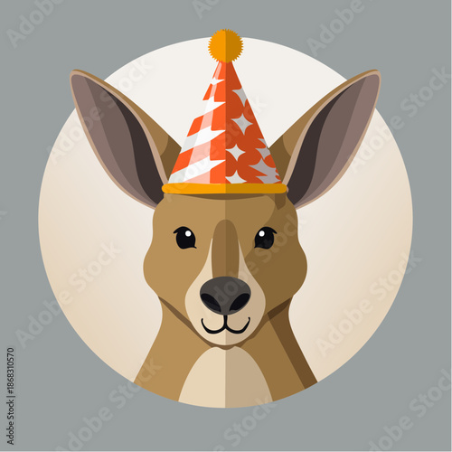 A kangaroo wearing a festive party hat in a digital illustration