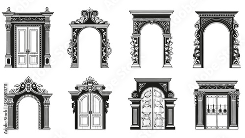 Collection of ornate architectural door and archway designs in black and white