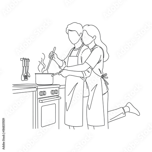 Couple cooking together line art illustration, valentines day special
