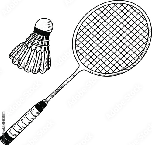 Vintage badminton racket and shuttlecock illustration with detailed hand drawn line art for sports and fitness concept