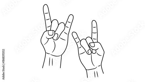 Black and White Outline sketch of Hand Devil Sign. Hand with pointed long black nails showing rock n roll, rock, metal, punk symbol