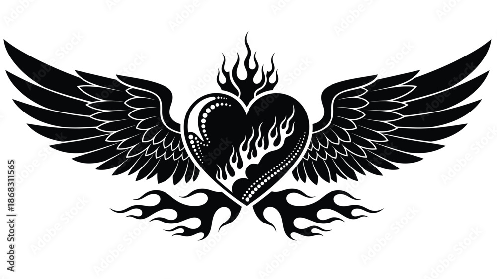 Fototapeta premium A black and white illustration of a winged heart engulfed in flames