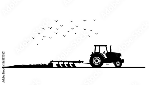 Silhouette of a tractor with a plow in a field with birds flying overhead on a white background view editable eps vectors
