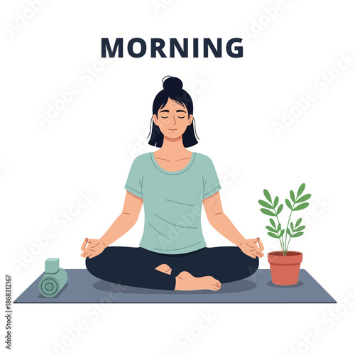Woman meditating in lotus pose on yoga mat in the morning