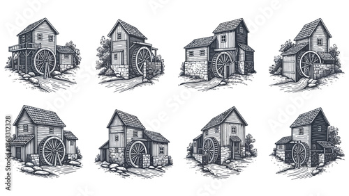 Vintage watermills in grayscale a collection of rustic architectural illustrations