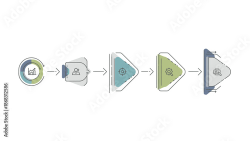 Abstract funnel-style business process infographic illustrating progression from analysis and planning to optimization and final output using clean geometric shapes.