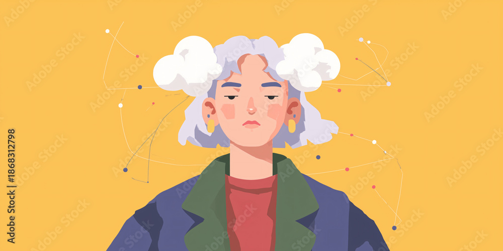 Obraz premium A woman with thought clouds, conveying a state of mind