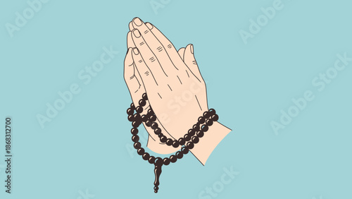 Praying hands with rosary beads, symbolizing faith, devotion, and spiritual practice in a religious context