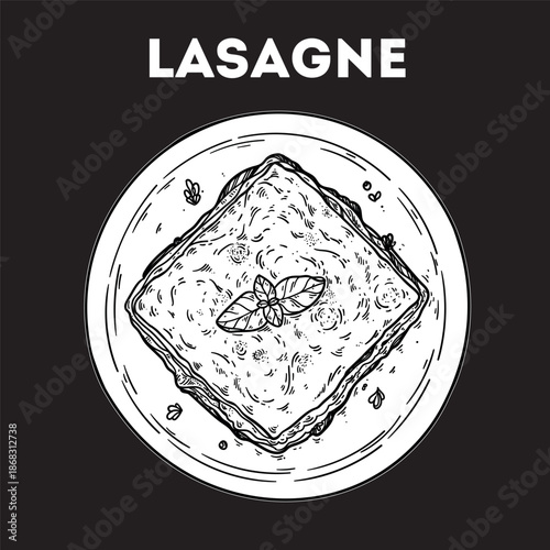 Lasagne sketch. Vector drawing illustration. Italian food. Italian cuisine. Hand drawn. Top view. Not AI Generated.