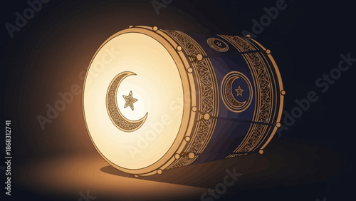 Traditional Islamic Drum with Crescent Moon and Star Symbol Illuminated in Dim Lighting