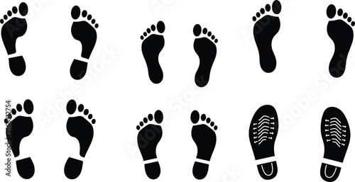 Black Footprint and Shoe Sole Icons Set on White Background Keywords: footprint, foot, step, track, mark, impression, human