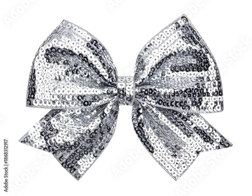 Silver sequined bow with loops and tail ends, isolated on a transparent background