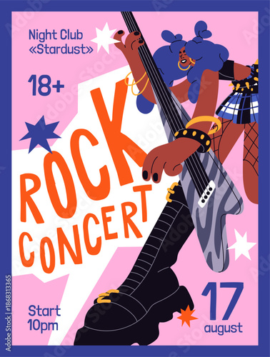 Design of concert event poster with black musician playing guitar. Advertising template of live music performance. Promotion layout of rock festival, trendy fest of song. Flat vector illustration