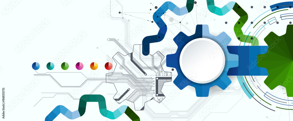 Obraz premium Stylized view of gears integrated with microcircuits. Concept of combining mechanics and electronics.