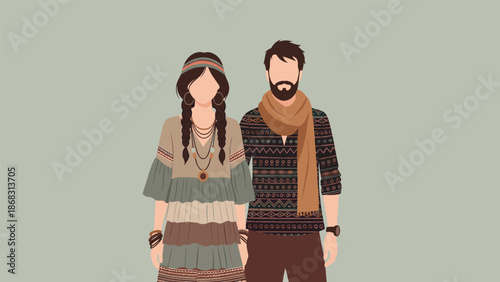 Man and woman dressed in trendy bohemian style clothing with earth tones and ethnic patterns stand together on a gray background.